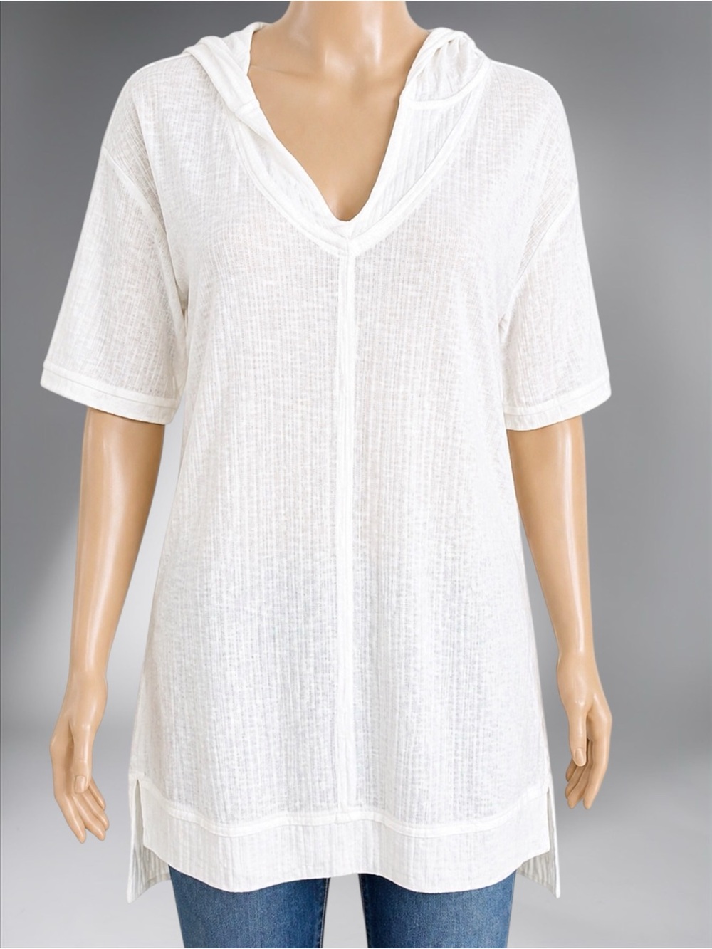 Mur Mur Off-White Ribbed Hi/Lo Hooded Tunic
